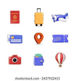 Airplane, map point, ticket, baggage, suitcase, wallet. 3d tourism travel icons