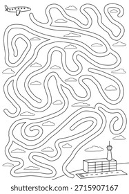 Avião labirinto gráfico preto branco esboço vertical ilustração vetor 