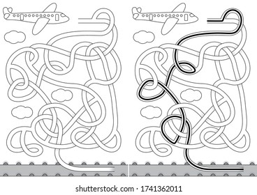 Airplane maze for kids with a solution in black and white