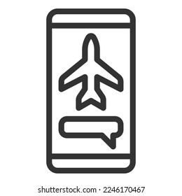 Airplane and message on smartphone screen - icon, illustration on white background, outline style