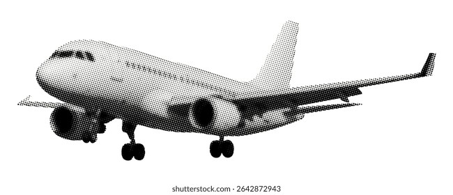 airplane in mid-flight with landing gear deployed isolated on white background halftone vintage dots texture cut-out retro collage element for mixed media design pop art magazine style object