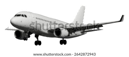airplane in mid-flight with landing gear deployed isolated on white background halftone vintage dots texture cut-out retro collage element for mixed media design pop art magazine style object