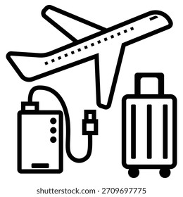 Conjunto de iconos de avión, batería móvil y maleta de transporte