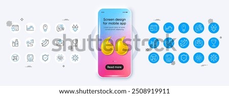 Airplane mode, Candlestick graph and Discrimination line icons. Phone mockup with 3d quotation icon. Pack of Medical drugs, Shield, Notification calendar icon. Vector