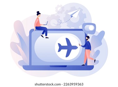 Airplane mode concept. Flight mode button on laptop. Info notification in air plane. Modern flat cartoon style. Vector illustration on white background
