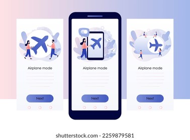 Flugzeugmodellkonzept Flugmodus auf Telefon oder Laptop. Info-Benachrichtigung im Flugzeug. Bildschirmvorlage für mobile Smartphone-App. Moderner, flacher Cartoon-Stil. Vektorgrafik
