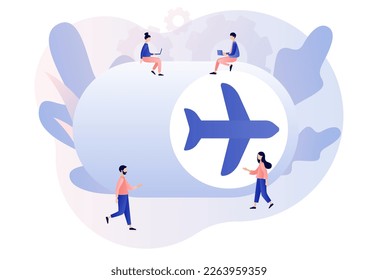 Airplane mode concept. Tiny people and big flight mode button. Info notification in air plane. Modern flat cartoon style. Vector illustration on white background