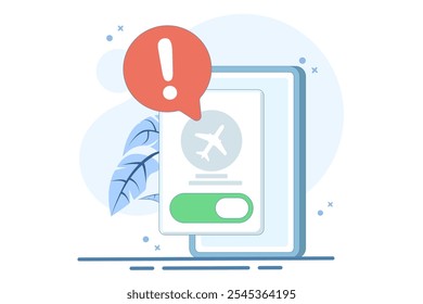 Airplane mode concept, Airplane mode warning on screen, smartphone or tablet, flat cartoon illustration of warning, isolated phone or tablet flight info notification.