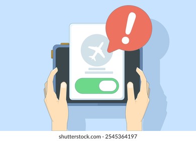 Airplane mode concept, Airplane mode warning on screen, smartphone or tablet, flat cartoon illustration of warning, isolated phone or tablet flight info notification.