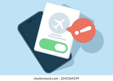 Airplane mode concept, Airplane mode warning on screen, smartphone or tablet, flat cartoon illustration of warning, isolated phone or tablet flight info notification.