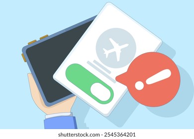 Airplane mode concept, Airplane mode warning on screen, smartphone or tablet, flat cartoon illustration of warning, isolated phone or tablet flight info notification.