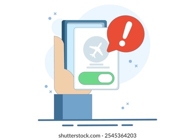 Airplane mode concept, Airplane mode warning on screen, smartphone or tablet, flat cartoon illustration of warning, isolated phone or tablet flight info notification.