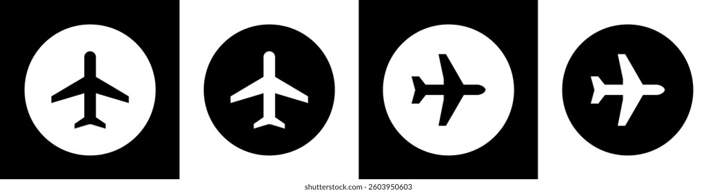 Airplane mode icon in round black and white shapes concept. Plane icon set, airplane symbol, Flight mode sign, travel flat icon isolated on a transparent background, vector illustration.