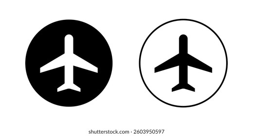 Airplane mode icon in round shape. Flight mode icon set, airplane icon symbol black and white circle round shape, transport, travel flat icon isolated on transparent background, vector illustration.