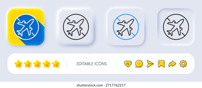 Airplane mode line icon. Neumorphic, Flat shadow, 3d buttons. Cancel flight sign. Turn off mobile in plane symbol. Line airplane mode icon. Social media icons. Vector