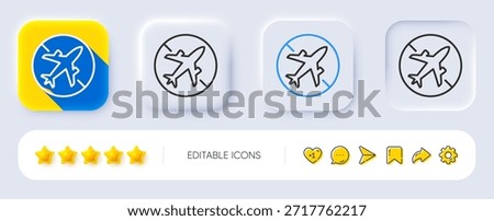 Airplane mode line icon. Neumorphic, Flat shadow, 3d buttons. Cancel flight sign. Turn off mobile in plane symbol. Line airplane mode icon. Social media icons. Vector