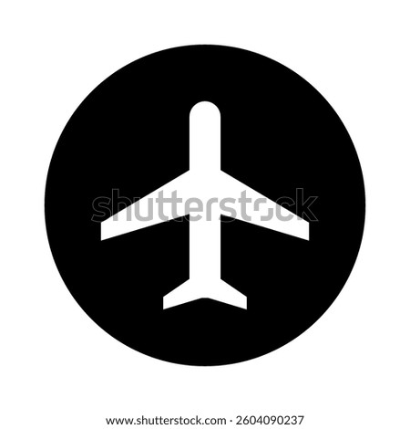 Airplane mode white icon in a black round shape concept. Flight mode sign. Plane icon, aircraft symbol, travel flat icon isolated on a transparent background, vector illustration.