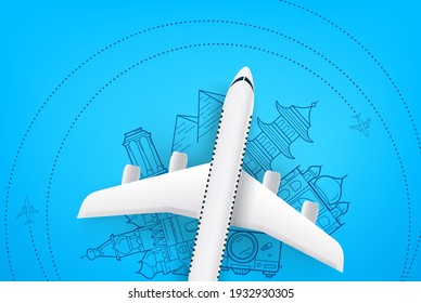 Airplane model with doodling elements. Vacation concept