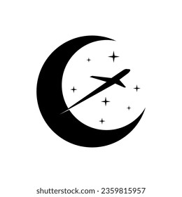 airplane and moon silhouette vector night travel logo