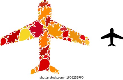 Airplane mosaic icon created for fall season. Vector airplane mosaic is created with scattered fall maple and oak leaves. Mosaic autumn leaves in bright gold, brown and red colors.