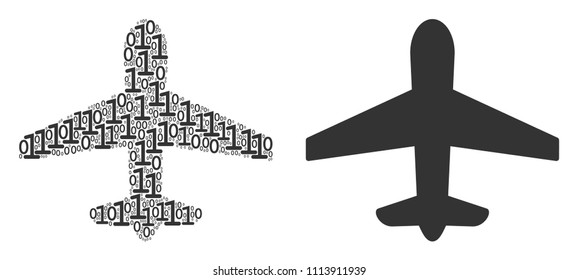 Airplane mosaic icon of one and zero digits in different sizes. Vector digits are composed into airplane composition design concept.