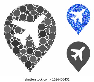 Airplane mosaic for airplane icon of small circles in various sizes and color hues. Vector filled circles are grouped into blue collage. Dotted airplane icon in usual and blue versions.