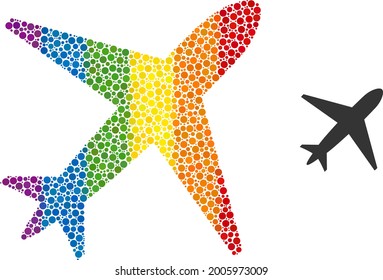 Airplane mosaic icon of spheric blots in various sizes and rainbow colored color tones. A dotted LGBT-colored airplane for lesbians, gays, bisexuals, and transgenders. Vector icon in LGBT flag colors.