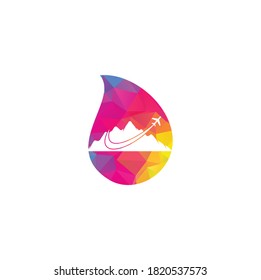 Airplane and Mountain drop shape concept Vector logo design. Travel logo design. plane with mountain logo