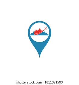 Airplane and Mountain map pin shape concept Vector logo design. Travel logo design. plane with mountain logo.