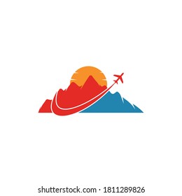 Airplane and Mountain Vector logo design. Travel logo design. plane with mountain logo	