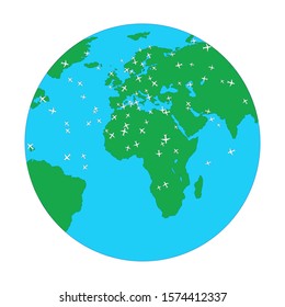Airplane movement around the globe vector illustration