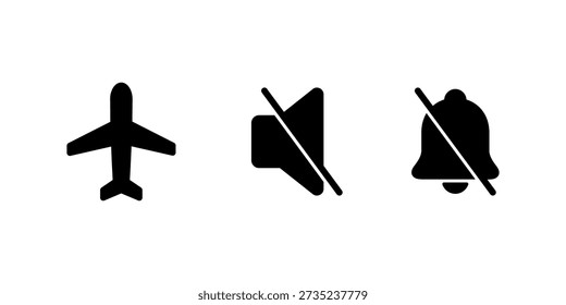 Airplane, mute, and silent bell mode icon. Flight, no sound, and notification off symbol