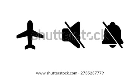 Airplane, mute, and silent bell mode icon. Flight, no sound, and notification off symbol