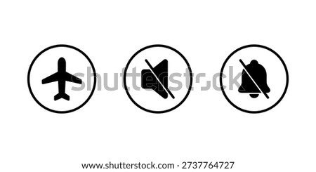 Airplane, mute, and silent bell mode icon in circular outline. Flight, no sound, and notification off symbol