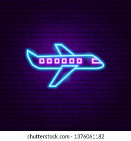 Airplane Neon Label. Vector Illustration of Travel Promotion.
