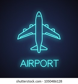 Airplane neon light icon. Airliner. Plane. Airport glowing sign. Vector isolated illustration