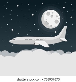 airplane with night sky, clouds, moon and stars flat design icon