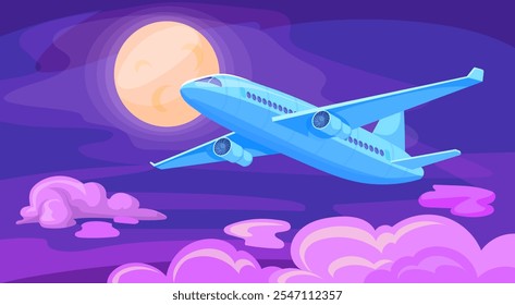 Cielo nocturno del avión. Vuelo comercial del avión del pasajero en fondo oscuro de la historieta de la luna de la nube, aviación civil del jet del negocio del fletamento de la carga de la aeronave, Ilustración vectorial aseada del viaje aéreo