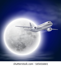 Airplane in the night sky with moon. EPS10 vector.