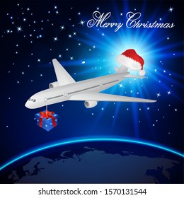 airplane in night sky on earth with santa hat and gift box. Merry Christmas concept. Vector illustration.