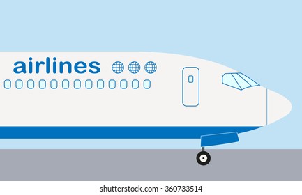 Airplane nose. Airplane side view. Passenger plane or aircraft flat vector illustration.