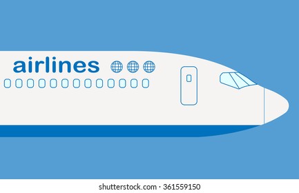 Airplane nose. Airplane side view. Passenger plane or aircraft flat vector illustration.