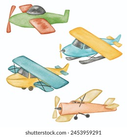 Airplane Nursery illustrations hand painted watercolor styles Collection, Watercolor Plane Collection Set