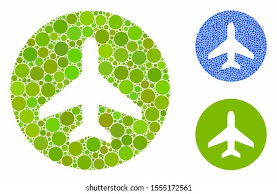 Airplane OK mosaic of spheric dots in different sizes and color tints, based on airplane OK icon. Vector dots are united into blue mosaic. Dotted airplane OK icon in usual and blue versions.