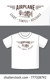 Airplane Old Style Logo Lettering and Vintage Aircraft with Application Example on T-Shirt Vector Template - Black on White Background - Flat Contrast Graphic Design