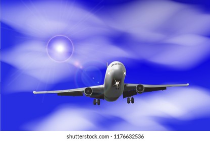 Airplane on a background of blue sky with clouds Vector illustration