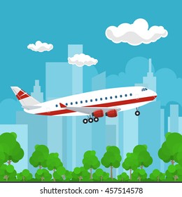 Airplane on the Background of the City, Plane Flies to the East, Travel and Tourism Concept , Air Travel and Transportation, Vector Illustration