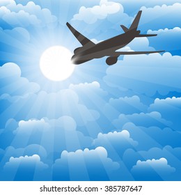 Airplane on a background of clouds. Vector.