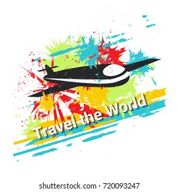 Airplane on background with color spots. Grunge vector illustration