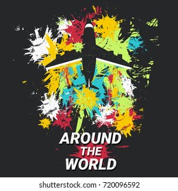 Airplane on background with color spots. Grunge vector illustration
